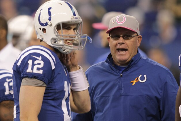 Indianapolis Colts quarterback Andrew Luck talks to interim head coach Bruce Arians before the start of an NFL football game against the Green Bay Packers in Indianapolis, Sunday, Oct. 7, 2012. (AP Photo/AJ Mast)