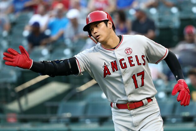 ARLINGTON, TEXAS - AUGUST 19:  Shohei Ohtani #17 of the Los Angeles Angels celebrates a run against the Texas Rangers in the first inning at Globe Life Park in Arlington on August 19, 2019 in Arlington, Texas. (Photo by Ronald Martinez/Getty Images)