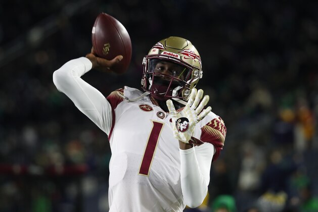 Florida State quarterback James Blackman throws before an NCAA college football game against Notre Dame in South Bend, Ind.,Saturday, Nov. 10, 2018. (AP Photo/Paul Sancya)