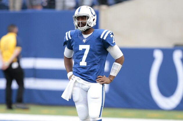 Indianapolis Colts' Jacoby Brissett (7) watches before an NFL preseason football game against the Chicago Bears, Saturday, Aug. 24, 2019, in Indianapolis. (AP Photo/AJ Mast)
