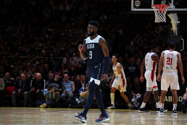 SYDNEY, AUSTRALIA - AUGUST 26: Jaylen Brown #9 of USA reacts against Canada on August 26, 2019 at Qudos Bank Arena in Sydney, Australia. NOTE TO USER: User expressly acknowledges and agrees that, by downloading and/or using this photograph, user is consenting to the terms and conditions of the Getty Images License Agreement. Mandatory Copyright Notice: Copyright 2019 NBAE  (Photo by Nathaniel S. Butler/NBAE via Getty Images)