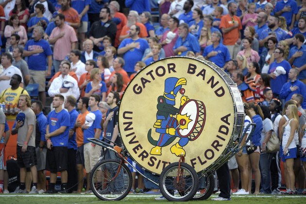 A drum used by the Florida Gator Band Alumni sits on the field before an NCAA college football game against Mississippi Saturday, Oct. 3, 2015, in Gainesville, Fla. (AP Photo/Phelan M. Ebenhack)
