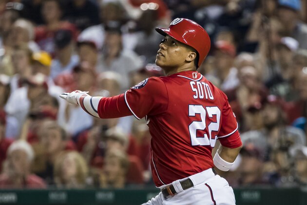 WASHINGTON, DC - AUGUST 17: Juan Soto #22 of the Washington Nationals hits a two-run home run against the Milwaukee Brewers during the third inning at Nationals Park on August 17, 2019 in Washington, DC. (Photo by Scott Taetsch/Getty Images)