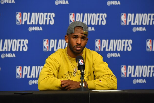 HOUSTON, TX - MAY 10: Chris Paul #3 of the Houston Rockets is interviewed after a game against the Golden State Warriors after Game Six of the Western Conference Semifinals of the 2019 NBA Playoffs on May 10, 2019 at the Toyota Center in Houston, Texas. NOTE TO USER: User expressly acknowledges and agrees that, by downloading and/or using this photograph, user is consenting to the terms and conditions of the Getty Images License Agreement. Mandatory Copyright Notice: Copyright 2019 NBAE (Photo by Bill Baptist/NBAE via Getty Images)
