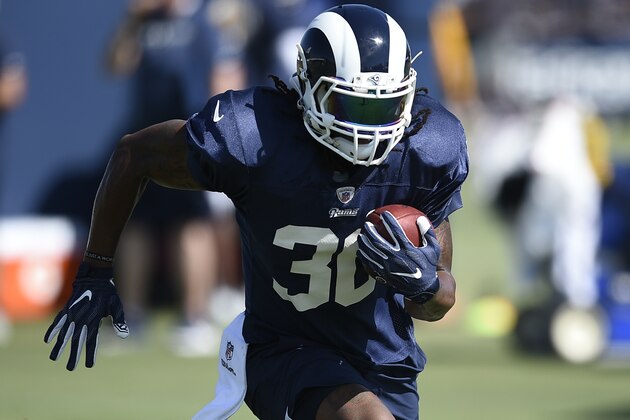 Los Angeles Rams running back Todd Gurley during an NFL football training camp in Irvine, Calif. Monday, July 29, 2019. (AP Photo/Kelvin Kuo)