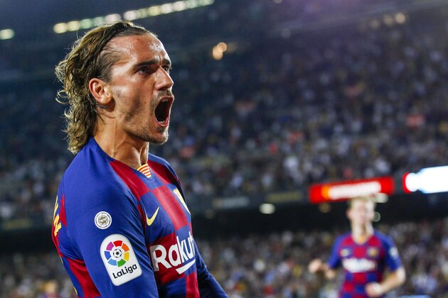 BARCELONA, SPAIN - AUGUST 25: Antoine Griezmann of FC Barcelona celebrates goal 2-1 during the La Liga Santander  match between FC Barcelona v Real Betis Sevilla at the Camp Nou on August 25, 2019 in Barcelona Spain (Photo by David S. Bustamante/Soccrates/Getty Images)
