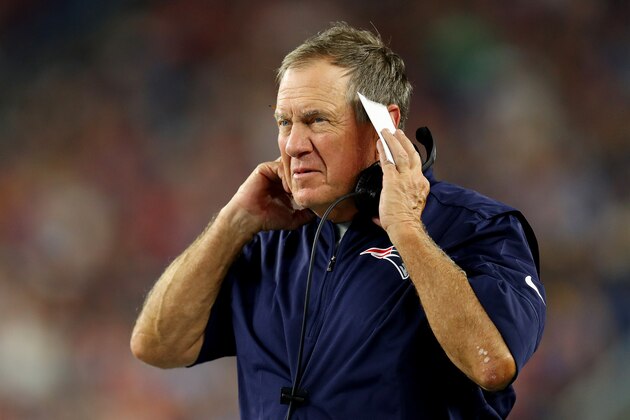 FOXBOROUGH, MASSACHUSETTS - AUGUST 22: Head coach Bill Belichick of the New England Patriots looks on during the preseason game between the Carolina Panthers and the New England Patriots at Gillette Stadium on August 22, 2019 in Foxborough, Massachusetts. (Photo by Maddie Meyer/Getty Images)