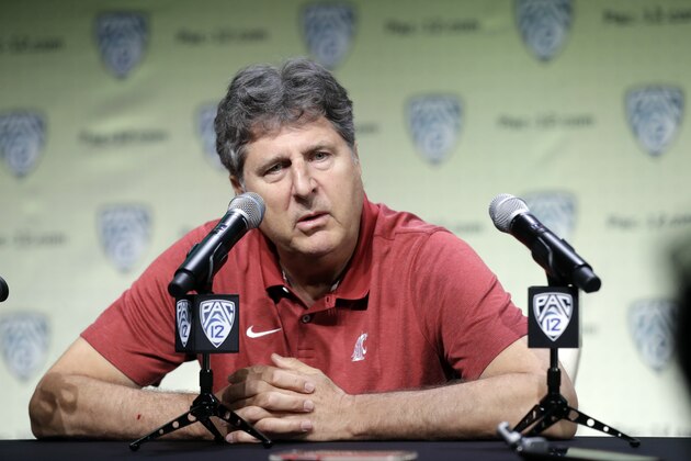 Washington State head coach Mike Leach answers questions during the Pac-12 Conference NCAA college football Media Day Wednesday, July 24, 2019, in Los Angeles. (AP Photo/Marcio Jose Sanchez)