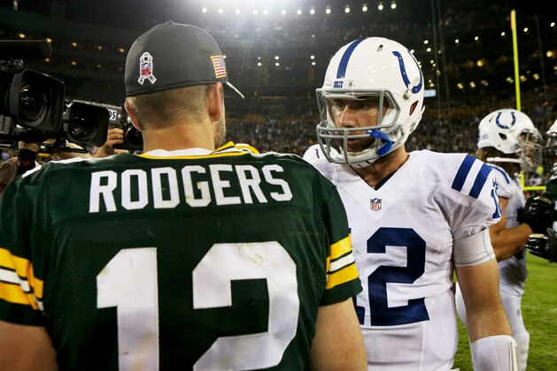 GREEN BAY, WI - NOVEMBER 06:  Andrew Luck #12 of the Indianapolis Colts and Aaron Rodgers #12 of the Green Bay Packers meet after the Indianapolis Colts beat the Green Bay Packers 31-26 at Lambeau Field on November 6, 2016 in Green Bay, Wisconsin.  (Photo by Dylan Buell/Getty Images)