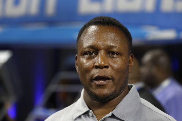 Former Detroit Lions Hall of Fame running back Barry Sanders talks before a preseason NFL football game against the New York Giants in Detroit, Saturday, Aug. 18, 2018. (AP Photo/Paul Sancya)