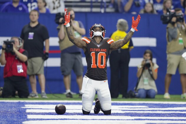 Cleveland Browns wide receiver Jaelen Strong (10) celebrates a touchdown against the Indianapolis Colts during the first half of an NFL preseason football game in Indianapolis, Saturday, Aug. 17, 2019. (AP Photo/Michael Conroy)