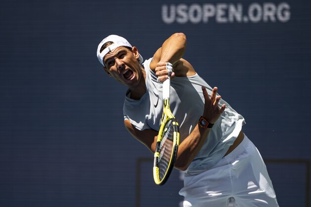 NEW YORK, NEW YORK - AUGUST 25: Rafael Nadal of Spain practices with coaches, Carlos Moya and Francisco Roig, on Arthur Ashe Stadium at the USTA Billie Jean King National Tennis Center on August 25, 2019 in New York City. (Photo by TPN/Getty Images)