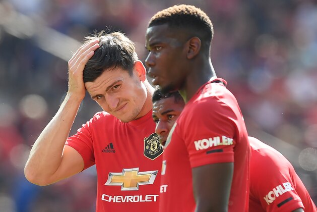 MANCHESTER, ENGLAND - AUGUST 24: Harry Maguire of Manchester United looks dejected with team mate Paul Pogba during the Premier League match between Manchester United and Crystal Palace at Old Trafford on August 24, 2019 in Manchester, United Kingdom. (Photo by Michael Regan/Getty Images)