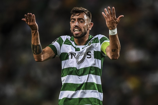 Sporting's Portuguese midfielder Bruno Fernandes reacts during the Portuguese League football match between Sporting Lisbon and Braga at the Jose Alvalade Stadium in Lisbon on August 18, 2019. (Photo by PATRICIA DE MELO MOREIRA / AFP)        (Photo credit should read PATRICIA DE MELO MOREIRA/AFP/Getty Images)