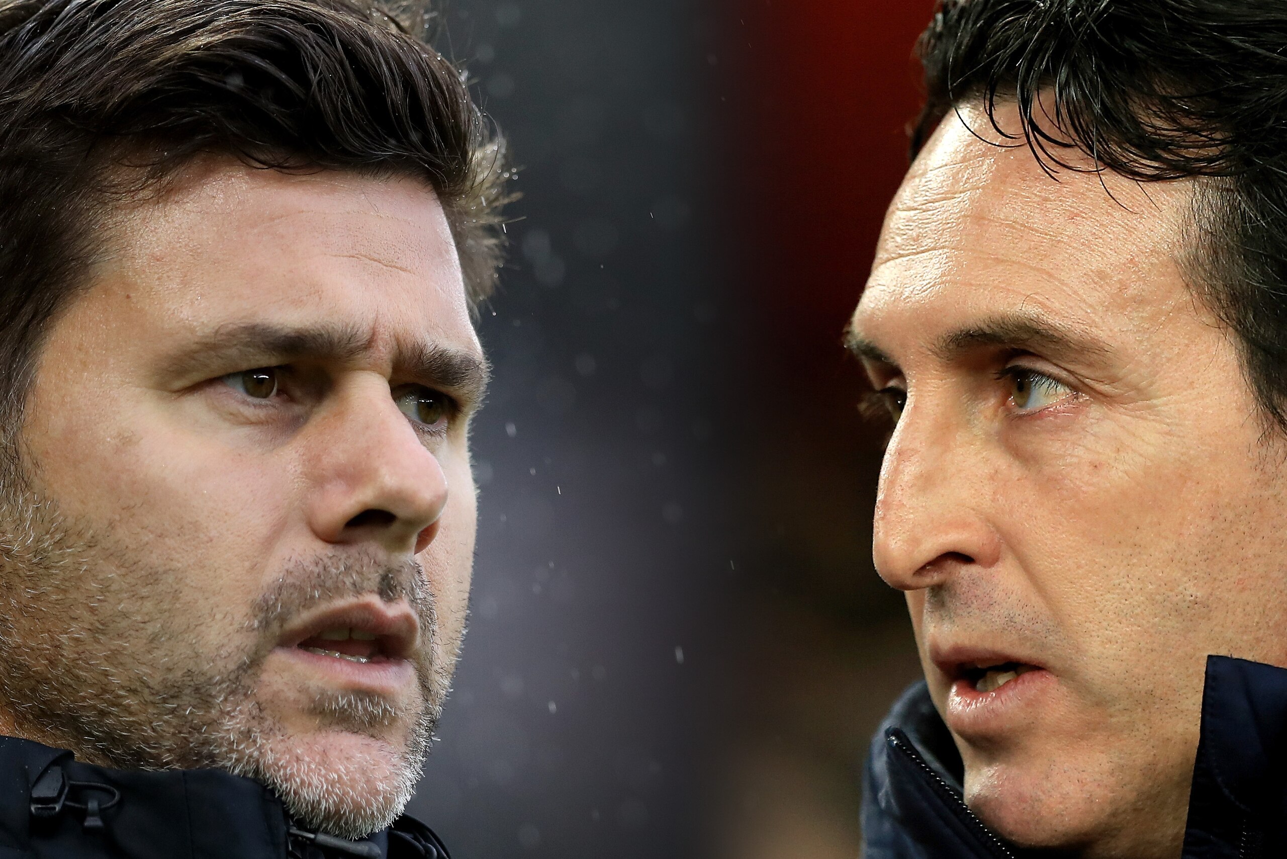 FILE PHOTO (EDITORS NOTE: COMPOSITE OF IMAGES - Image numbers 1037729068,1072868284 - GRADIENT ADDED) In this composite image a comparison has been made between Mauricio Pochettino, Manager of Tottenham Hotspur (L) and Arsenal manager Unai Emery.  Tottenham Hotspur and Arsenal FC meet in a Premier League fixture on March 2,2019 at Wembley Stadium in London.  ***LEFT IMAGE*** BRIGHTON, ENGLAND - SEPTEMBER 22: Mauricio Pochettino, Manager of Tottenham Hotspur looks on prior to the Premier League match between Brighton & Hove Albion and Tottenham Hotspur at American Express Community Stadium on September 22, 2018 in Brighton, United Kingdom. (Photo by Dan Istitene/Getty Images) ***RIGHT IMAGE*** LONDON, ENGLAND - DECEMBER 13: Arsenal manager Unai Emery looks on ahead of the UEFA Europa League Group E match between Arsenal and Qarabag FK at Emirates Stadium on December 13, 2018 in London, United Kingdom. (Photo by Marc Atkins/Getty Images)