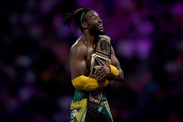 WWE Superstar Kofi Kingston celebrates at the end of the World Wrestling Entertainment (WWE) Super Showdown event in Saudi Arabia's Red Sea port city of Jeddah late on January 7, 2019. (Photo by Amer HILABI / AFP)        (Photo credit should read AMER HILABI/AFP/Getty Images)