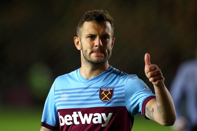 NEWPORT, WALES - AUGUST 27: Jack Wilshere of West Ham United acknowledges the fans after the Carabao Cup Second Round match between Newport County and West Ham United at Rodney Parade on August 27, 2019 in Newport, Wales. (Photo by Catherine Ivill/Getty Images)