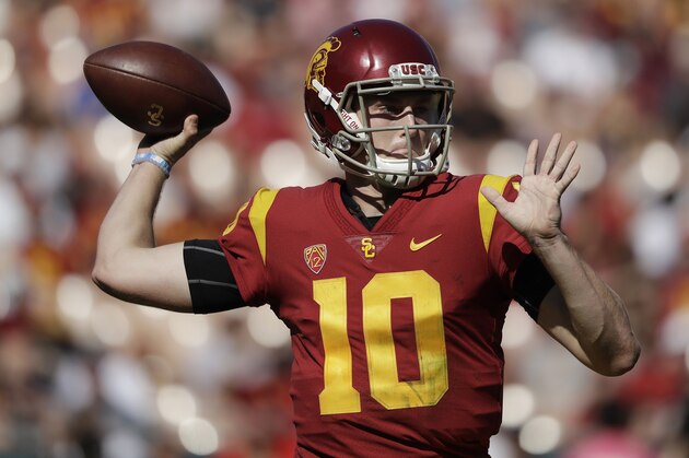 Southern California quarterback Jack Sears throws against Arizona State during the first half of an NCAA college football game Saturday, Oct. 27, 2018, in Los Angeles. (AP Photo/Marcio Jose Sanchez)