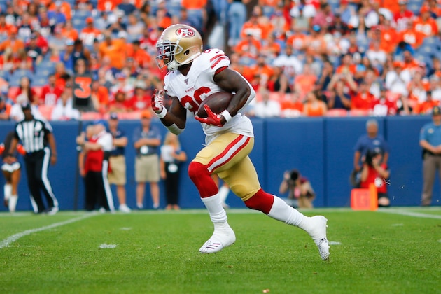 DENVER, CO - AUGUST 19:  Running back Tevin Coleman #26 of the San Francisco 49ers in action against the Denver Broncos during a preseason game at Broncos Stadium at Mile High on August 19, 2019 in Denver, Colorado. (Photo by Justin Edmonds/Getty Images)