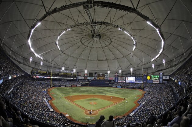 The crowd on Pride Night at Tropicana Field watches during the fifth inning of a baseball game between the Tampa Bay Rays and the San Francisco Giants on Friday, June 17, 2016, in St. Petersburg, Fla. (AP Photo/Chris O'Meara)