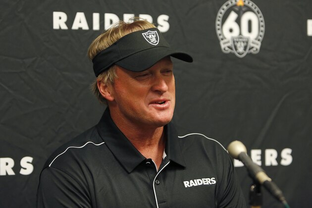 Oakland Raiders head coach Jon Gruden speaks after an NFL preseason football game against the Arizona Cardinals, Thursday, Aug. 15, 2019, in Glendale, Ariz. The Raider won 33-26. (AP Photo/Ralph Freso)