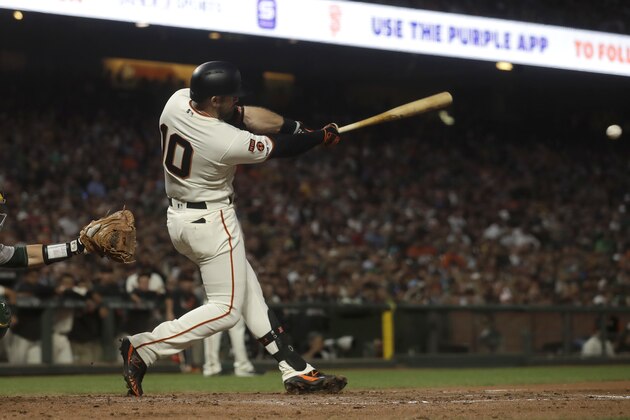 San Francisco Giants' Evan Longoria hits an RBI-double against the Oakland Athletics during the sixth inning of a baseball game in San Francisco, Tuesday, Aug. 13, 2019. (AP Photo/Jeff Chiu)