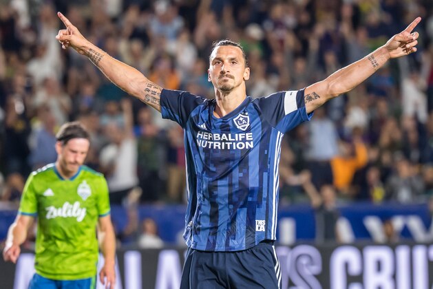 CARSON, CA - AUGUST 17: Zlatan Ibrahimovic #9 of Los Angeles Galaxy celebrates his goal during the MLS match against Seattle Soundersat the Dignity Health Sports Park on August 17, 2019 in Carson, California. The match ended in a 2-2 draw.  (Photo by Shaun Clark/Getty Images)