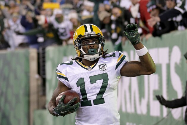 Green Bay Packers wide receiver Davante Adams reacts after catching the game-winning touchdown during overtime of an NFL football game against the New York Jets, Sunday, Dec. 23, 2018, in East Rutherford, N.J. The Packers won 44-38 in overtime. (AP Photo/Seth Wenig)
