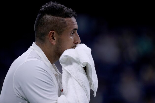 NEW YORK, NEW YORK - AUGUST 27: Nick Kyrgios of Australia waits on the baseline during his Men's Singles first round match against Steve Johnson of the United States on day two of the 2019 US Open at the USTA Billie Jean King National Tennis Center on August 27, 2019 in the Flushing neighborhood of the Queens borough of New York City. (Photo by Matthew Stockman/Getty Images)