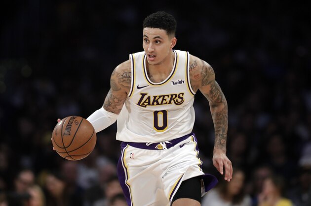 Los Angeles Lakers' Kyle Kuzma during an NBA basketball game Sunday, March 24, 2019, in Los Angeles. (AP Photo/Marcio Jose Sanchez)