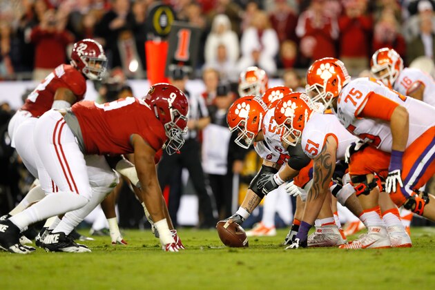 TAMPA, FL - JANUARY 09:  Offensive lineman Jay Guillermo #57 of the Clemson Tigers waits to snap the ball during the first half against the Alabama Crimson Tide in the 2017 College Football Playoff National Championship Game at Raymond James Stadium on January 9, 2017 in Tampa, Florida.  (Photo by Kevin C. Cox/Getty Images)