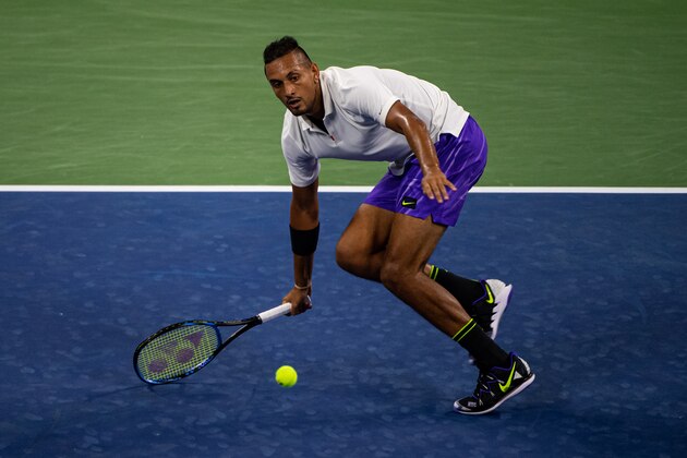 NEW YORK, NEW YORK - AUGUST 27: Nick Kyrgios of Australia hits a forehand against Steve Johnson of the United States in the first round of the US Open at the USTA Billie Jean King National Tennis Center on August 27, 2019 in New York City. (Photo by TPN/Getty Images)
