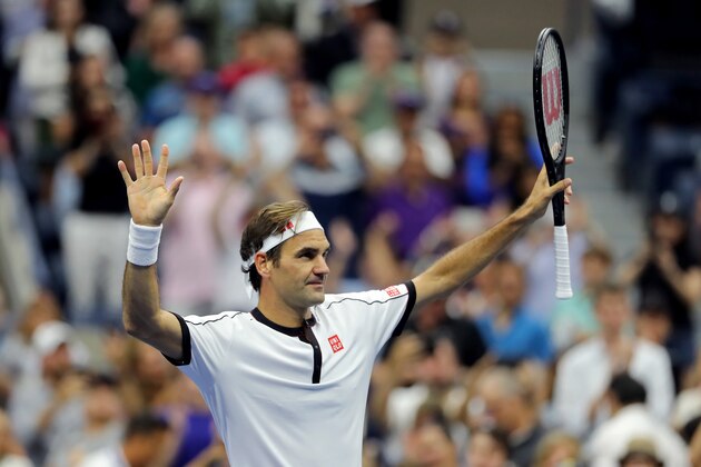 NEW YORK, NEW YORK - AUGUST 28: Roger Federer of Switzerland celebrates victory against Damir Dzumhur of Bosnia and Herzegovina during their Men's Singles second round match on day three of the 2019 US Open at the USTA Billie Jean King National Tennis Center on August 28, 2019 in the Flushing neighborhood of the Queens borough of New York City.  (Photo by Elsa/Getty Images)