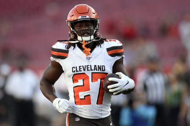 Cleveland Browns running back Kareem Hunt (27) before an NFL preseason football game against the Tampa Bay Buccaneers Friday, Aug. 23, 2019, in Tampa, Fla. (AP Photo/Jason Behnken)