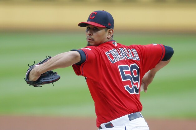 CLEVELAND, OH - MAY 20:  Carlos Carrasco #59 of the Cleveland Indians pitches against the Oakland Athletics during the first inning at Progressive Field on May 20, 2019 in Cleveland, Ohio. (Photo by Ron Schwane/Getty Images)