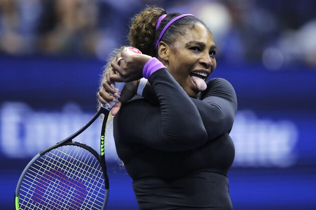 Serena Williams, of the United States, reacts after winning a point at the net against Caty McNally, of the United States, during the second round of the U.S. Open tennis tournament in New York, Wednesday, Aug. 28, 2019. (AP Photo/Charles Krupa)