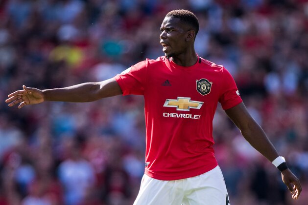 MANCHESTER, ENGLAND - AUGUST 24: Paul Pogba of Manchester United looks on during the Premier League match between Manchester United and Crystal Palace at Old Trafford on August 24, 2019 in Manchester, United Kingdom. (Photo by Sebastian Frej/MB Media/Getty Images)