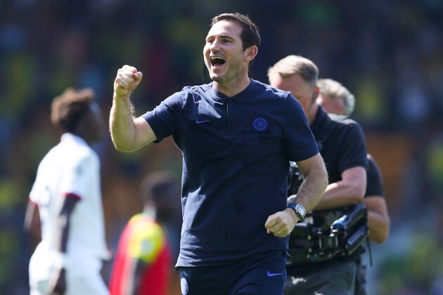 NORWICH, ENGLAND - AUGUST 24: Frank Lampard manager of Chelsea celebrates the win after the Premier League match between Norwich City and Chelsea FC at Carrow Road on August 24, 2019 in Norwich, United Kingdom. (Photo by Catherine Ivill/Getty Images)