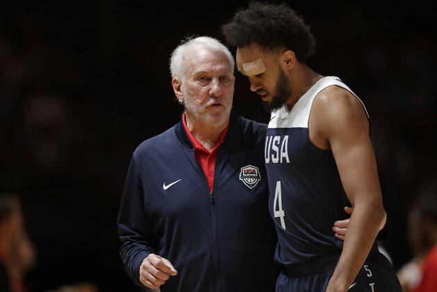 USA's head coach Gregg Popovich, left, talks with player Derrick White during their exhibition basketball game in Sydney, Australia, Monday, Aug. 26, 2019. (AP Photo/Rick Rycroft)