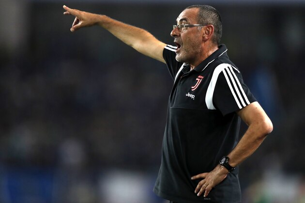 NANJING, CHINA - JULY 24: Head coach Maurizio Sarri of Juventus gives instruction during the International Champions Cup match between Juventus and FC Internazionale at the Nanjing Olympic Center Stadium on July 24, 2019 in Nanjing, China. (Photo by Fred Lee/Getty Images)