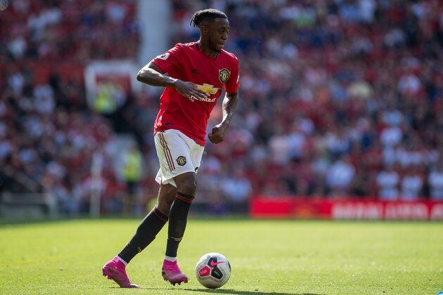 MANCHESTER, ENGLAND - AUGUST 24: Aaron Wan-Bissaka of Manchester United control ball during the Premier League match between Manchester United and Crystal Palace at Old Trafford on August 24, 2019 in Manchester, United Kingdom. (Photo by Sebastian Frej/MB Media/Getty Images)