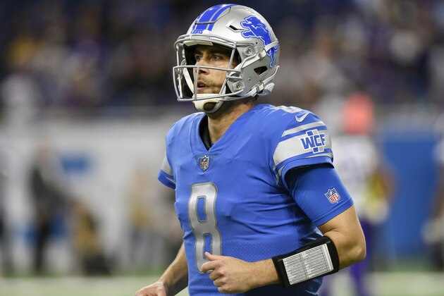 Detroit Lions quarterback Matt Cassel (8) runs off the field against the Minnesota Vikings during the second half of an NFL football game, Sunday, Dec. 23, 2018, in Detroit. (AP Photo/Jose Juarez)