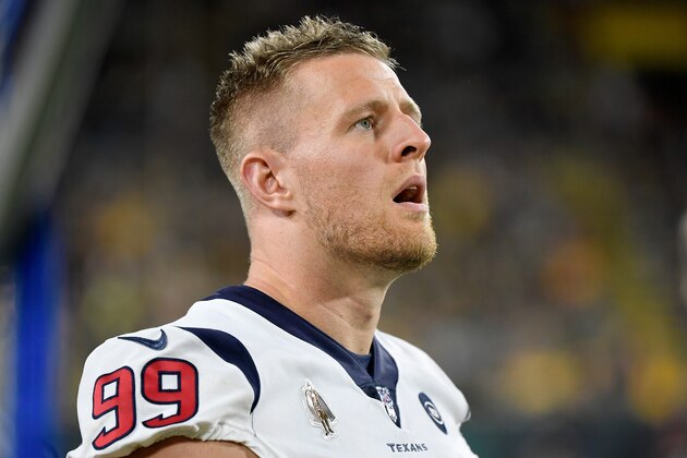 GREEN BAY, WISCONSIN - AUGUST 08:  J.J. Watt #99 of the Houston Texans looks on from the sideline in the fourth quarter against the Green Bay Packers during a preseason game at Lambeau Field on August 08, 2019 in Green Bay, Wisconsin. (Photo by Quinn Harris/Getty Images)