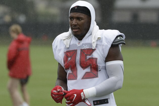 Tampa Bay Buccaneers defensive end Ryan Russell (95) during an NFL football training camp practice Monday, July 31, 2017, in Tampa, Fla. (AP Photo/Chris O'Meara)