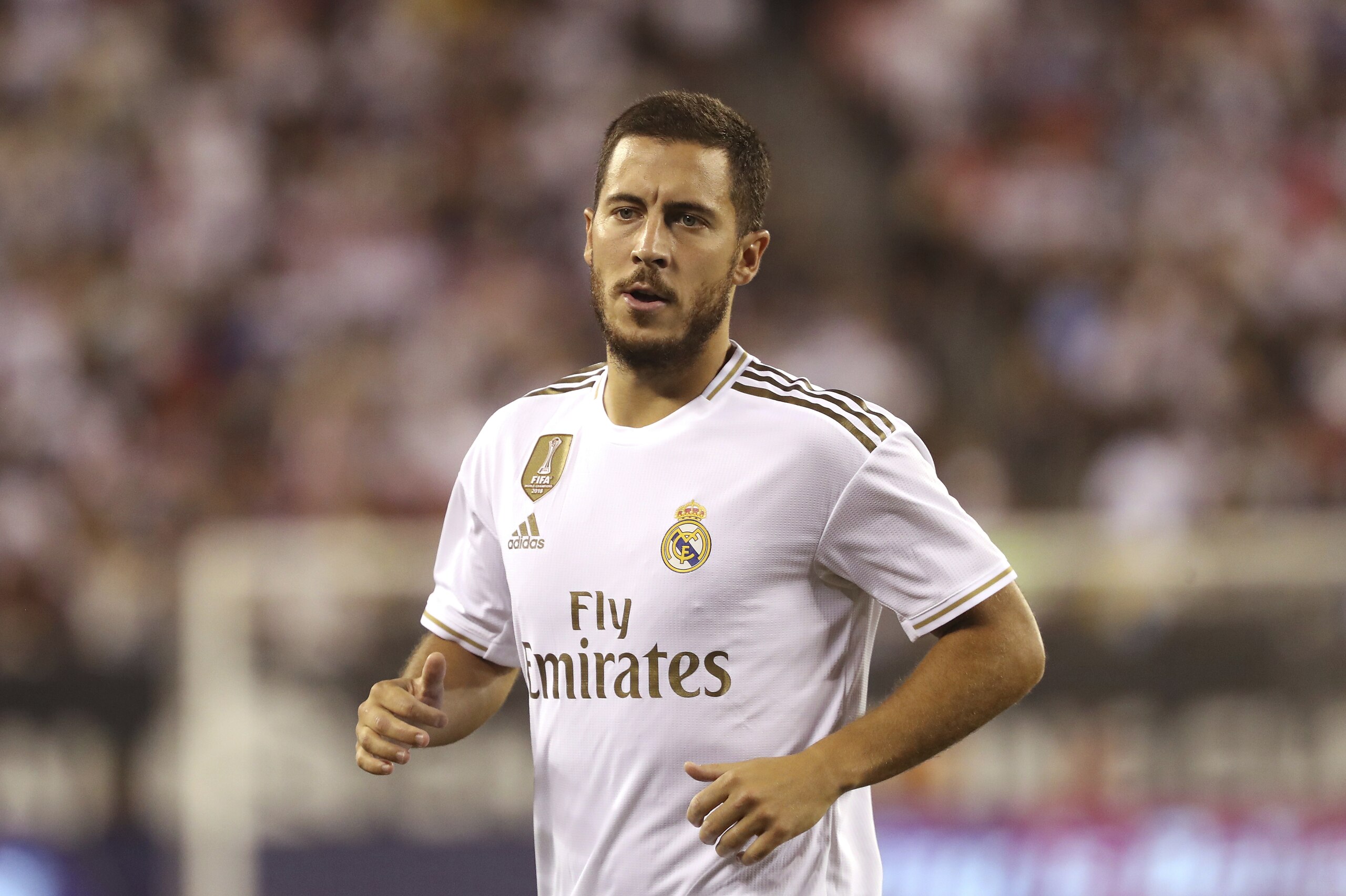 Real Madrid forward Eden Hazard in action during the second half of an International Champions Cup soccer match against Atletico Madrid, Friday, July 26, 2019, in East Rutherford, N.J. Atletico Madrid won 7-3. (AP Photo/Steve Luciano)