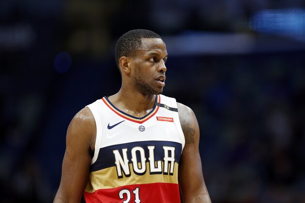New Orleans Pelicans forward Darius Miller (21) during the second half of an NBA basketball game in New Orleans, Saturday, March 16, 2019. The Suns won 138-136 in two overtimes. (AP Photo/Tyler Kaufman)