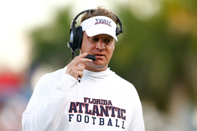 BOCA RATON, FL - OCTOBER 26:  Head coach Lane Kiffin of the Florida Atlantic Owls looks on against the Louisiana Tech Bulldogs during the first half at FAU Stadium on October 26, 2018 in Boca Raton, Florida.  (Photo by Michael Reaves/Getty Images)