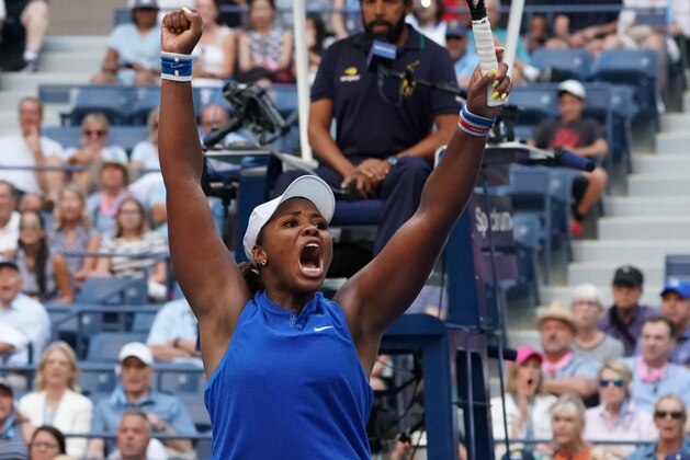 Taylor Townsend of the US reacts after winning against Simona Halep of Romania during their Round Two Women's Singles match at the 2019 US Open at the USTA Billie Jean King National Tennis Center in New York on August 29, 2019. (Photo by TIMOTHY A. CLARY / AFP)        (Photo credit should read TIMOTHY A. CLARY/AFP/Getty Images)