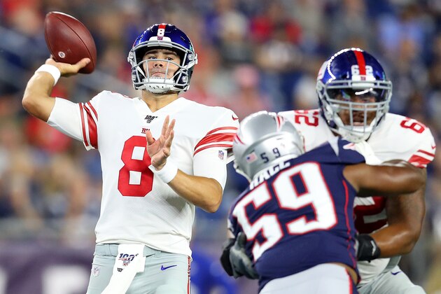 FOXBOROUGH, MASSACHUSETTS - AUGUST 29: Daniel Jones #8 of the New York Giants makes a pass during the preseason game between the New York Giants and the New England Patriots at Gillette Stadium on August 29, 2019 in Foxborough, Massachusetts. (Photo by Maddie Meyer/Getty Images)