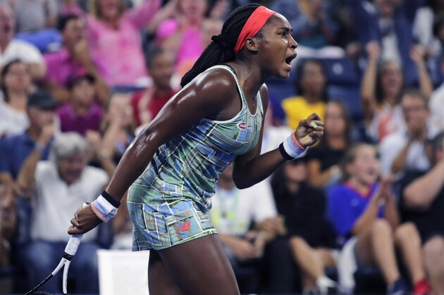Coco Gauff, of the United States, pumps her fist after winning a point against Timea Babos, of Hungary, during the second round of the U.S. Open tennis tournament in New York, Thursday, Aug. 29, 2019. (AP Photo/Charles Krupa)